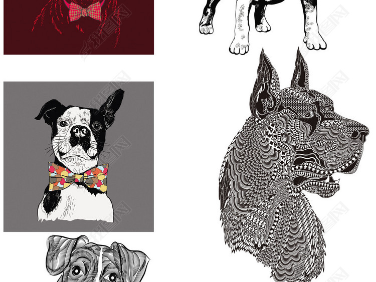 8款卡通线描狗年狗狗童装T恤图案设计