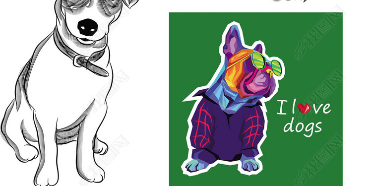 8款卡通线描狗年狗狗童装T恤图案设计