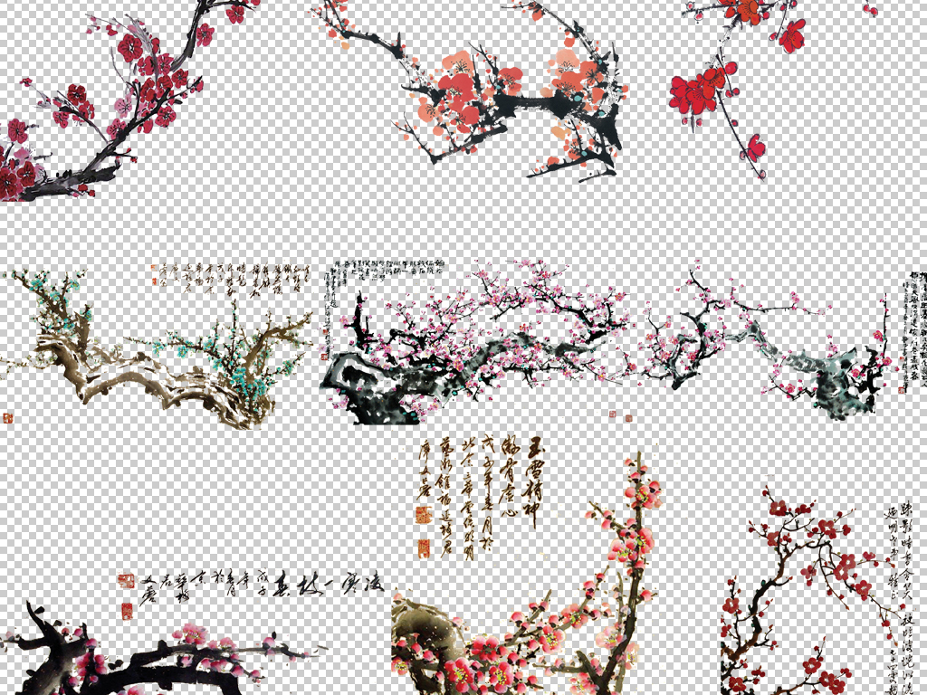 中国风古典古风水墨梅花桃花png免扣素材