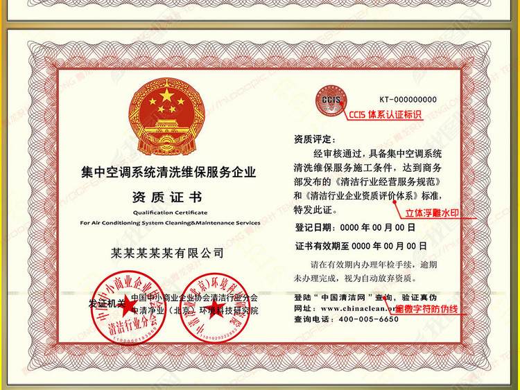 集中空调系统清洗维保服务企业资质证书模板