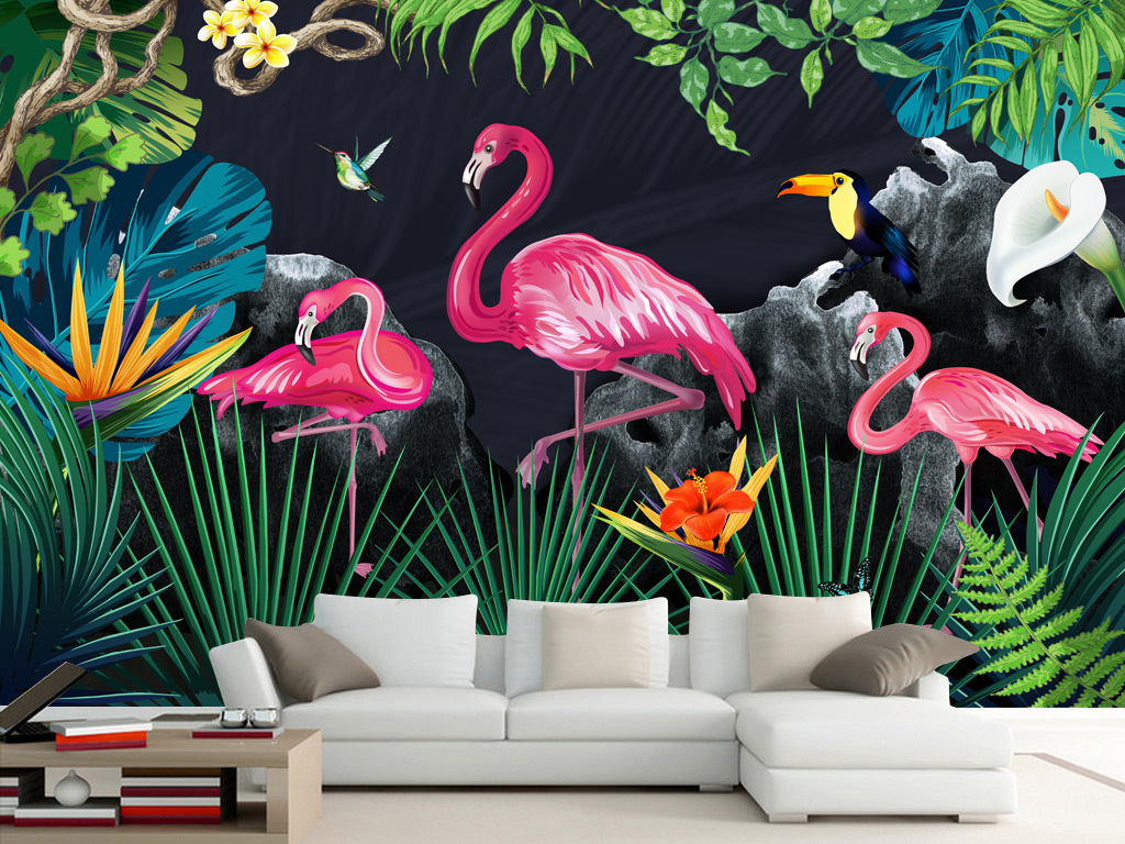 手绘热带雨林火烈鸟客厅沙发背景壁画