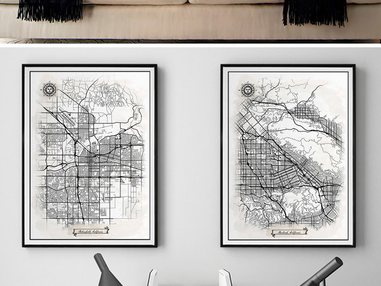 北欧线描世界地图黑白北欧装饰画现代风景简约