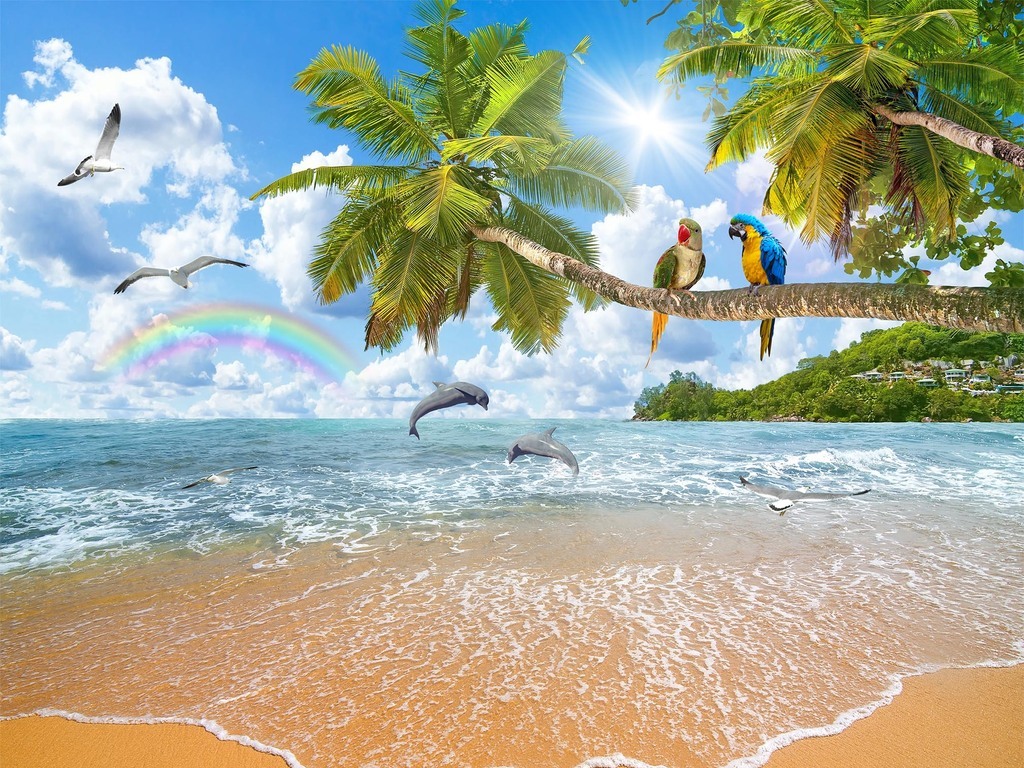 浪漫海景椰树鹦鹉风景画马尔代夫电视背景墙