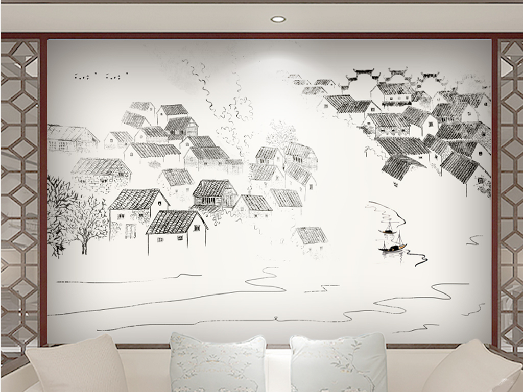 3现代简约手绘古风新中式江南水乡背景墙装饰画