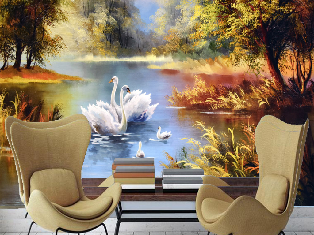 高清立体白天鹅湖湖泊风景油画背景墙