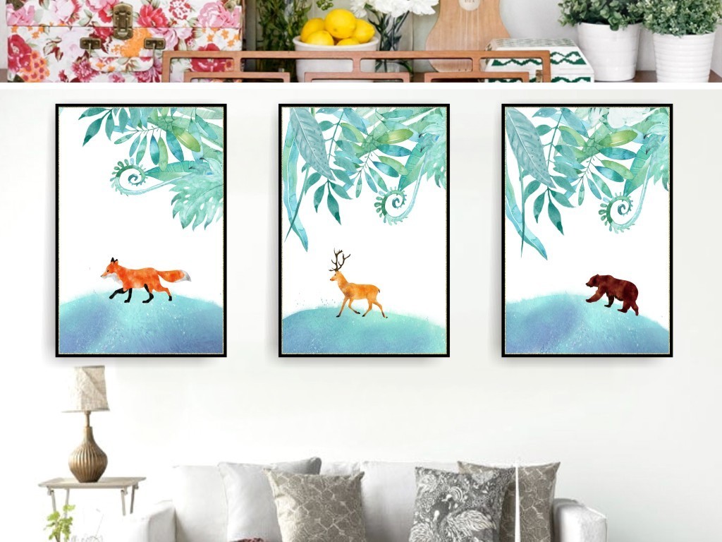 小清新手绘动物植物北欧风格三联装饰画