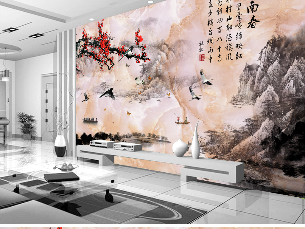 中式电视背景墙 > 江南春大理石中式山水画水墨画背景墙壁画  素材