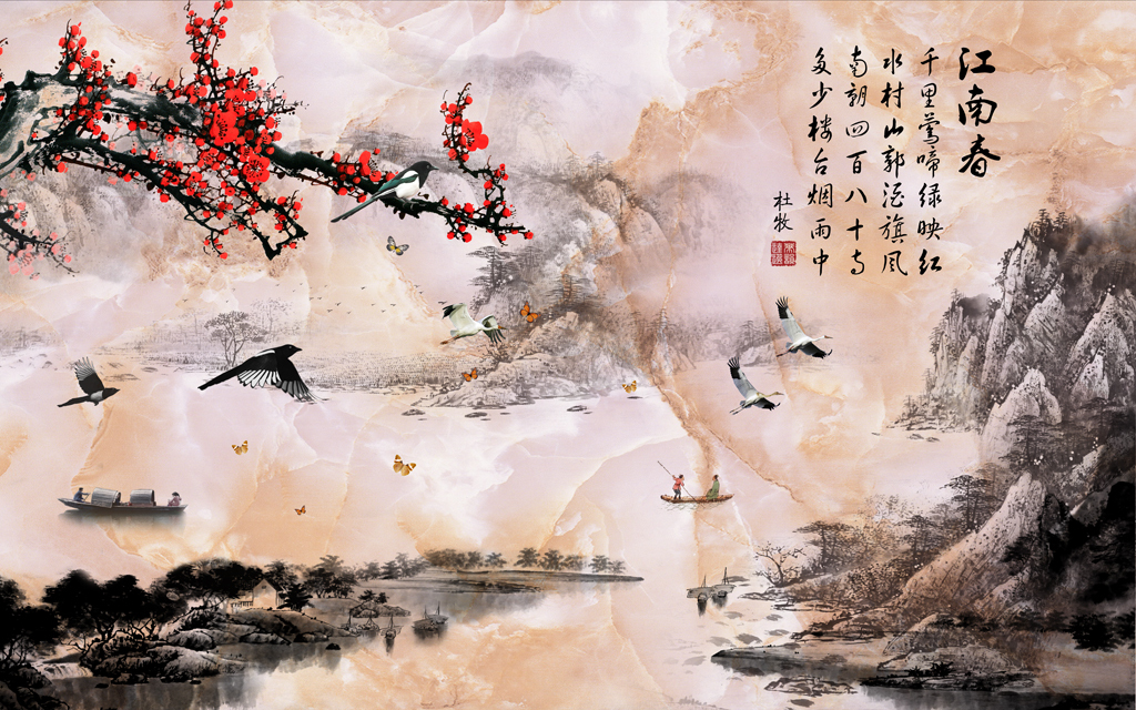 江南春大理石中式山水画水墨画背景墙壁画