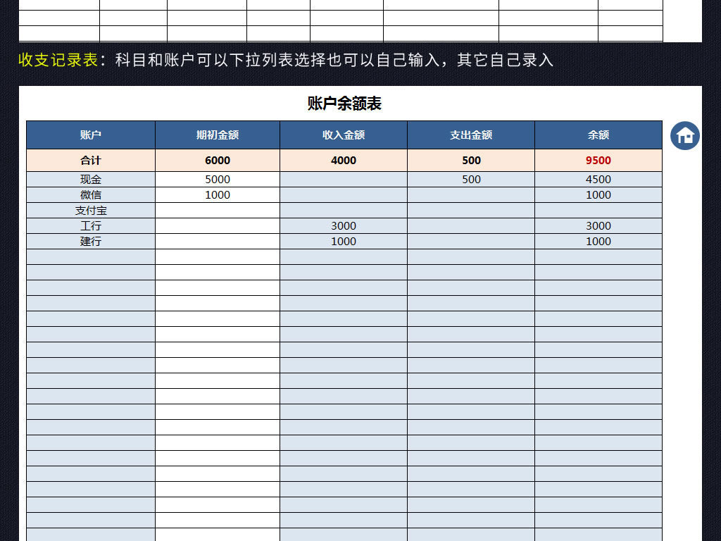 财务收支管理系统项目科目记账表excel