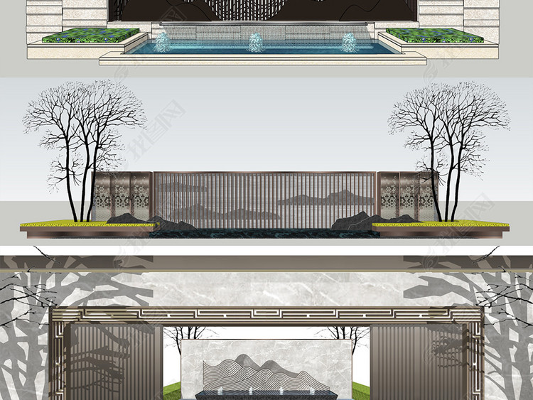 新中式新亚洲禅意景墙SU模型2018更新款