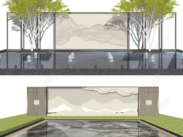 新中式新亚洲禅意景墙SU模型2018更新款