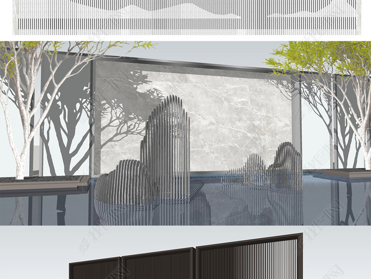 新中式新亚洲禅意景墙SU模型2018更新款