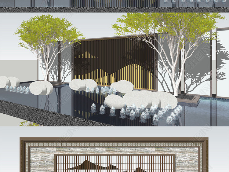 新中式新亚洲禅意景墙SU模型2018更新款