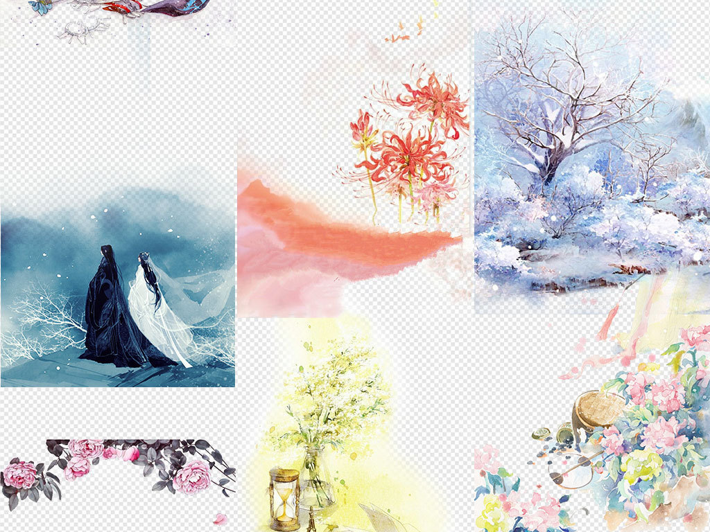 唯美古风水彩插画唯美古风水彩画中国风元素png海报素材