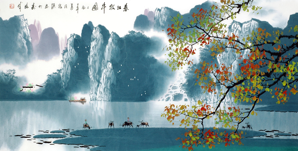 桂林山水漓江风景画国画春江牧牛图