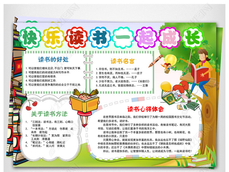 卡通小学生读书学习电子小报亲子共读心得体会