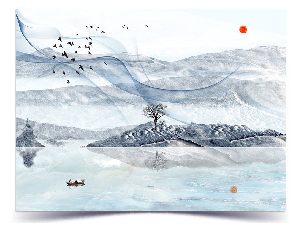 紫气东来新中式水墨山水画大理石纹背景墙