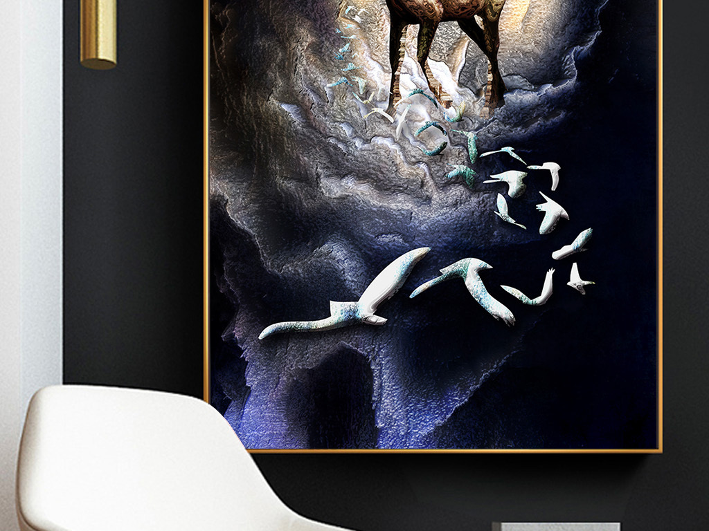 创意抽象唯美梦幻鹿飞鸟油画客厅玄关装饰画