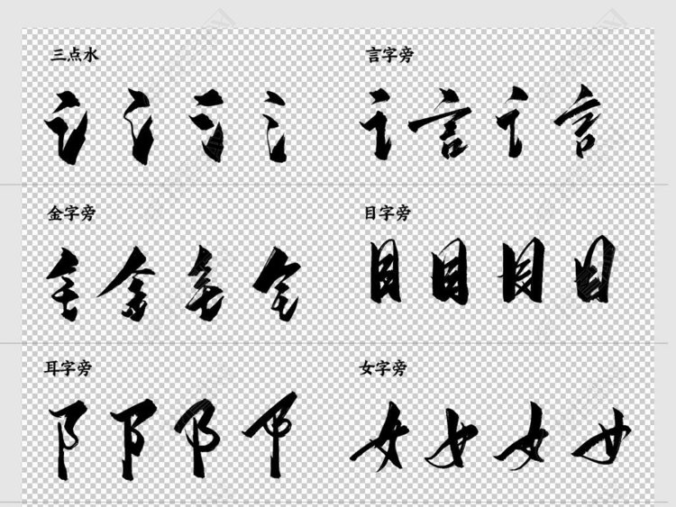 中国传统书法字体毛笔字部首偏旁笔触素材