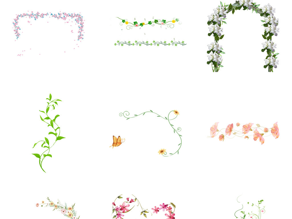 设计元素 花纹边框 卡通手绘边框 春天绿色树藤树叶花藤花边藤蔓