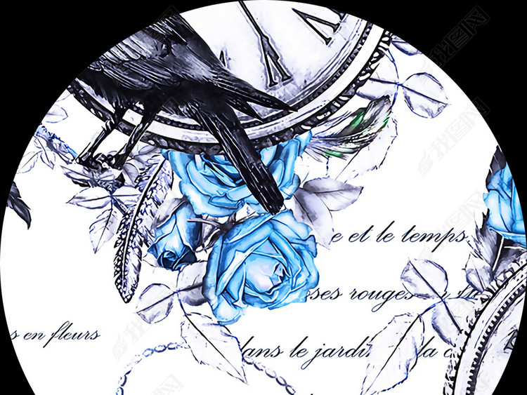 新款无缝数码印花乌鸦钟表英文字母图案