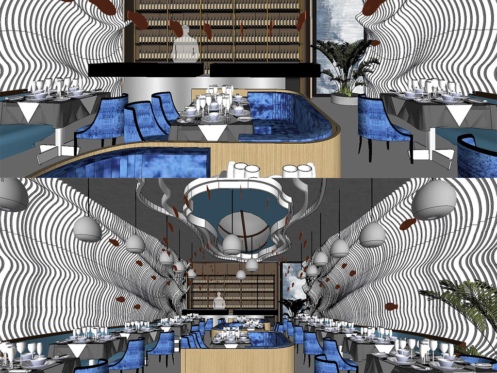 现代创意海洋概念餐厅设计SU模型