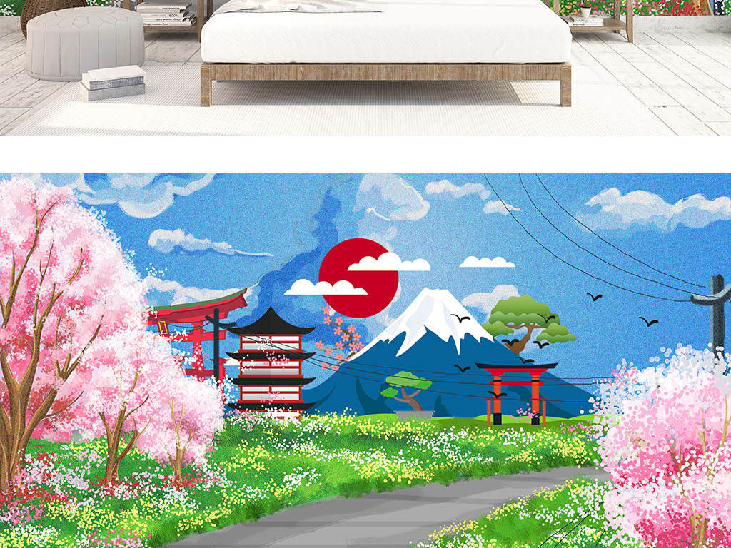唯美日式手绘樱花富士山背景墙