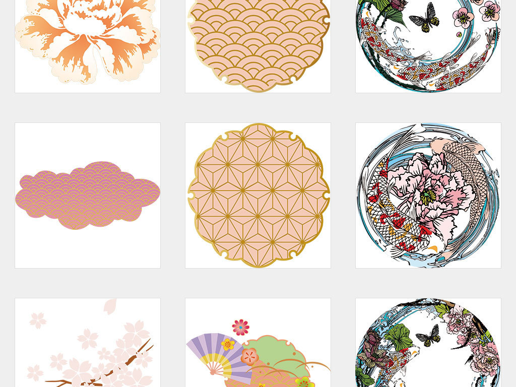 AI\/独立PNG\/日本和风仙鹤松树鲤鱼波纹传统花样图案印花