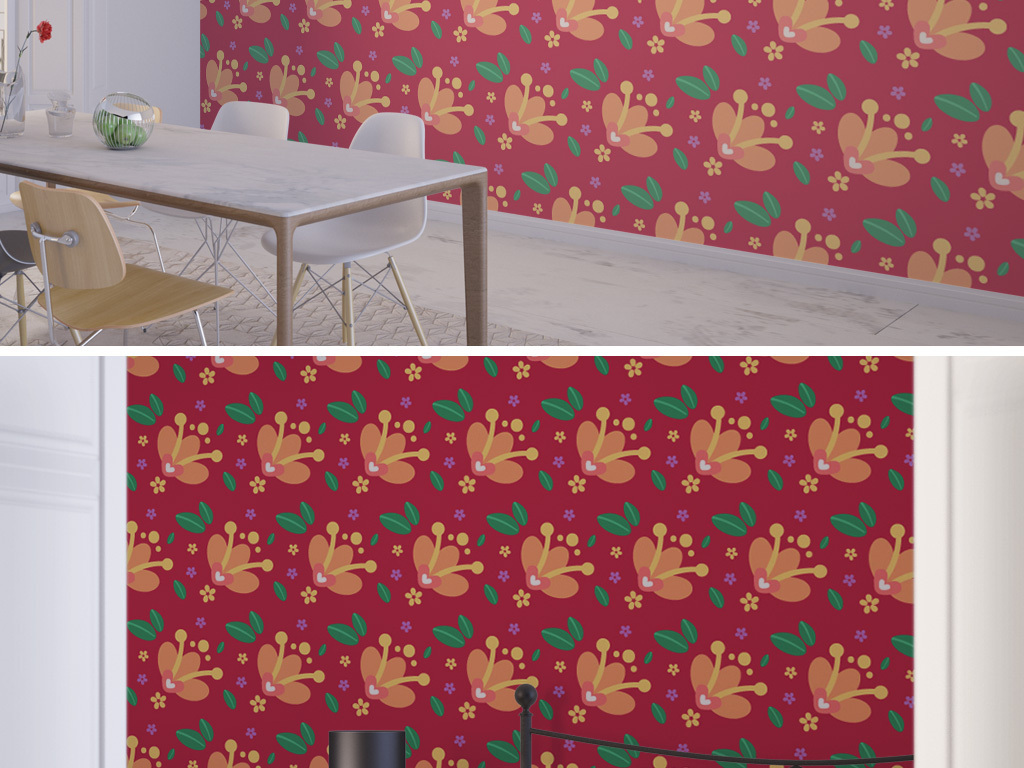 手绘卡通黄色花卉装饰图案深红色墙纸背景