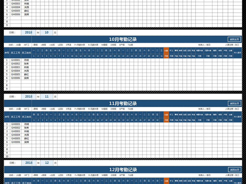 企业人事表格员工全年考勤记录管理系统