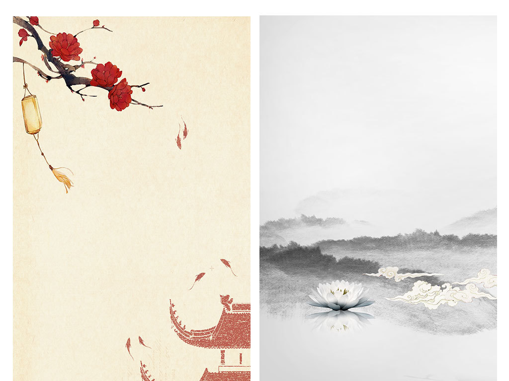 中国风古典古风水墨山水白鹤燕子背景素材