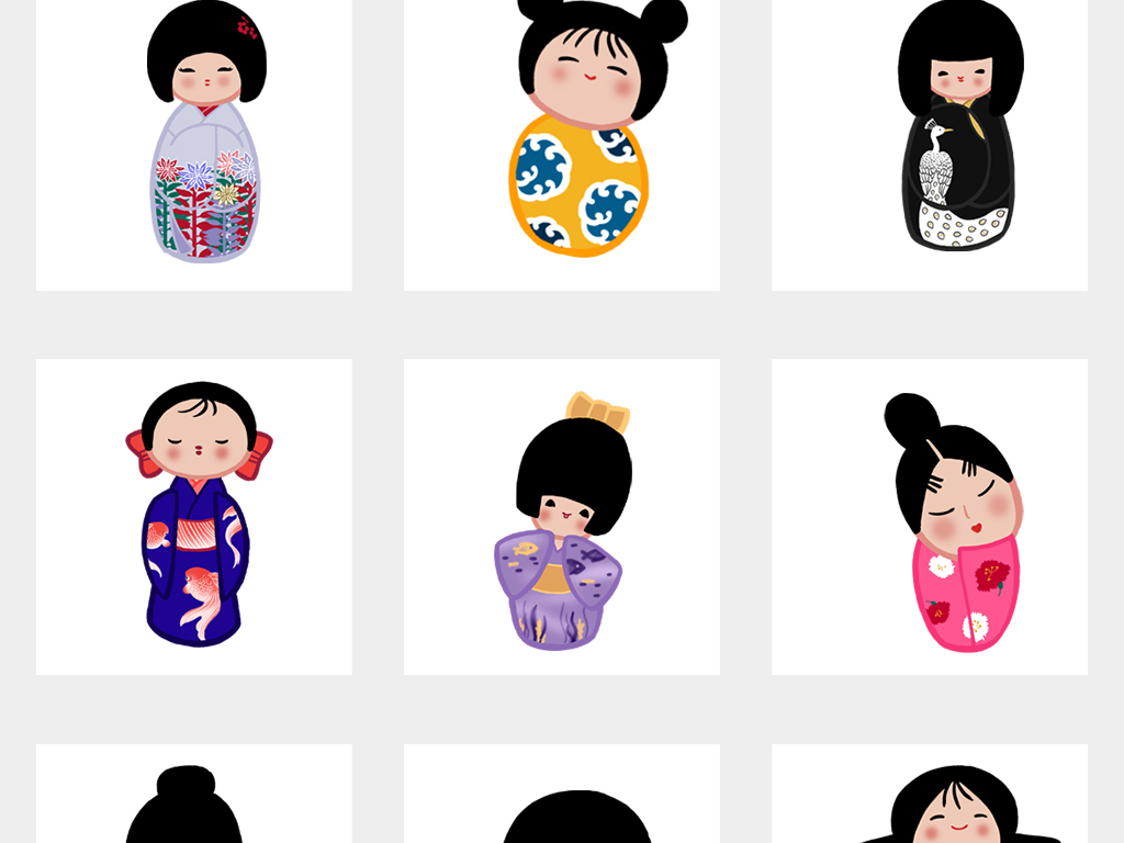 卡通手绘和服日本娃娃服饰png免扣素材