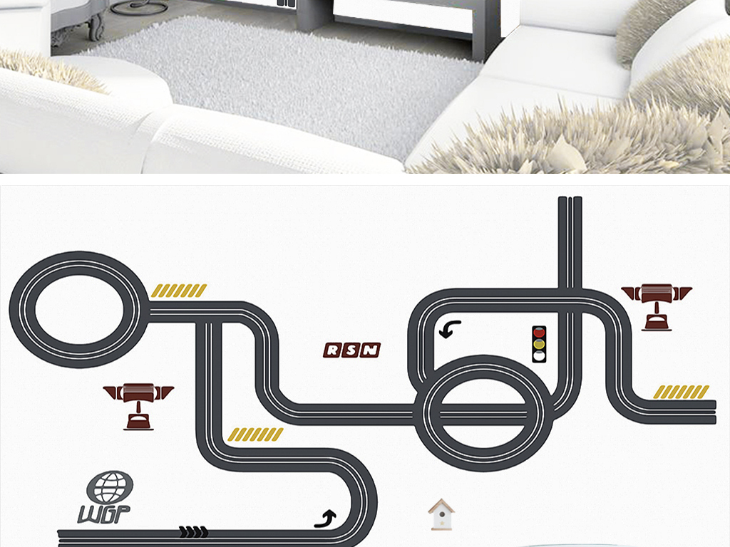 现代简约赛车跑道儿童房背景墙