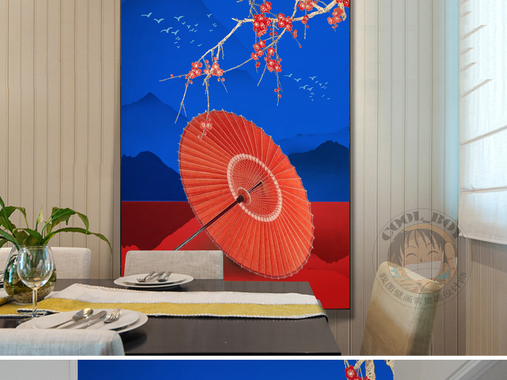 新中式古典意境梅花油纸伞蓝色抽象装饰画