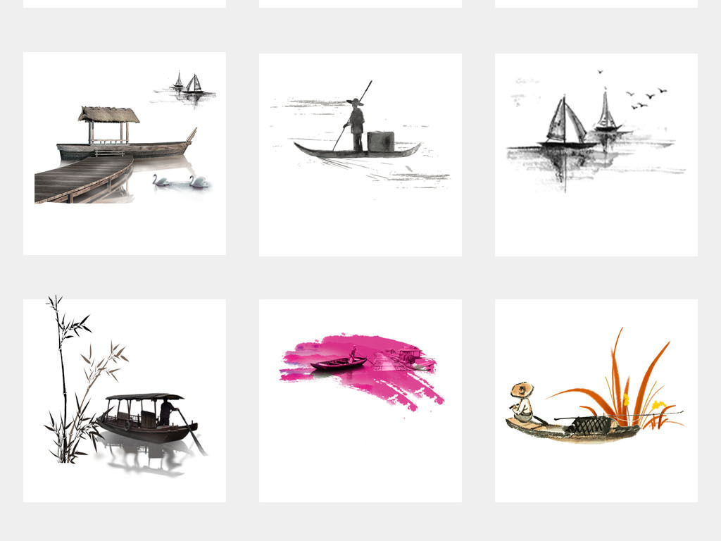 水墨中国风小船帆船木船卡通海报背景素材