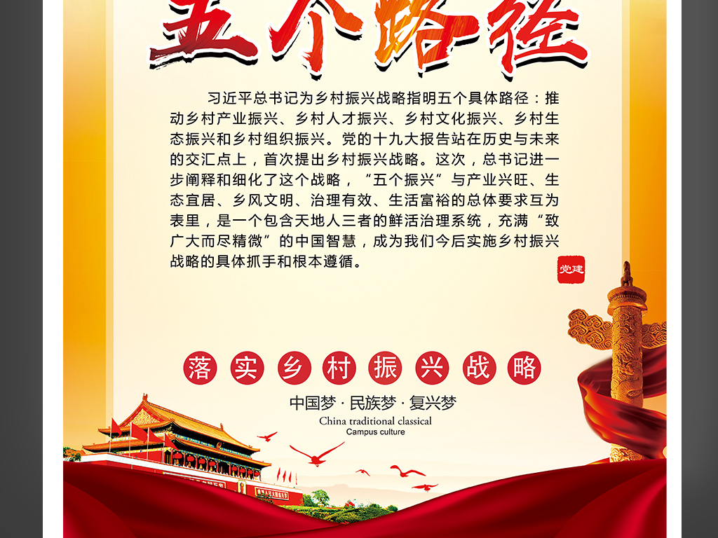 乡村振兴战略五个路径宣传党建展板海报挂图