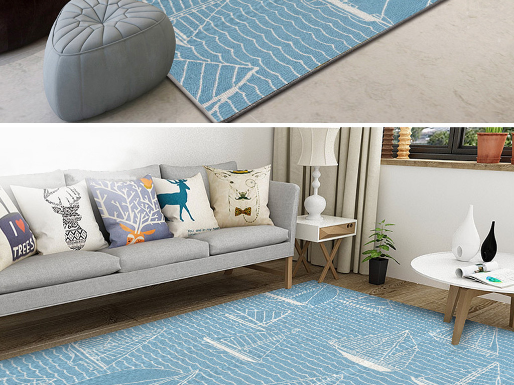现代简约小清新蓝色小船客厅卧室沙发地毯