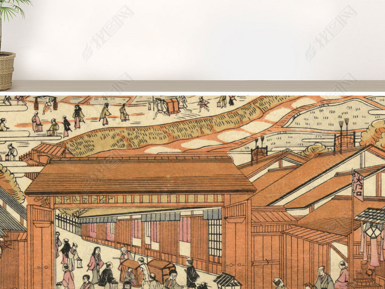 日本古代城市装饰画素材日式和风客厅挂画