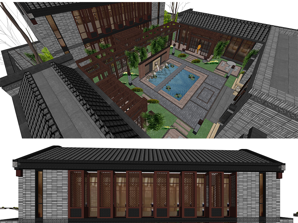 中式四合院庭院景观设计SU模型