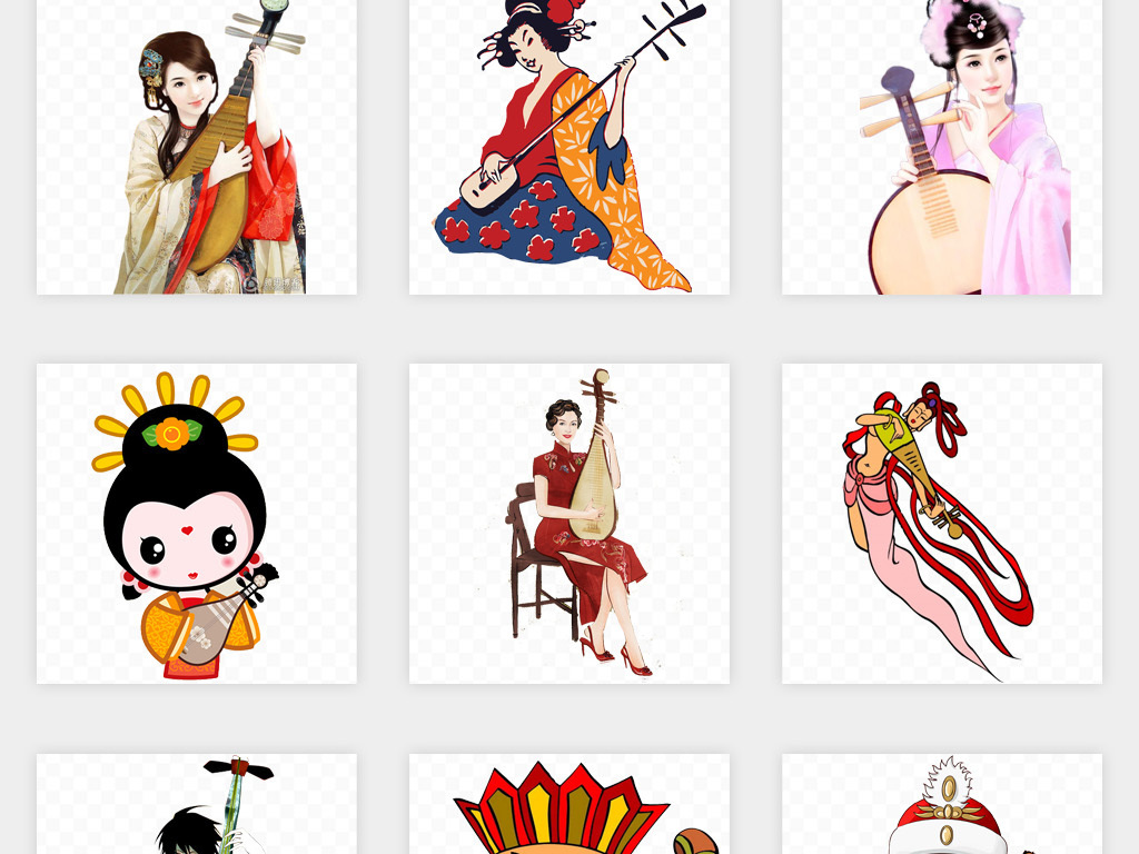 手绘卡通中国风水墨琵琶美女弹琵琶png免扣素材