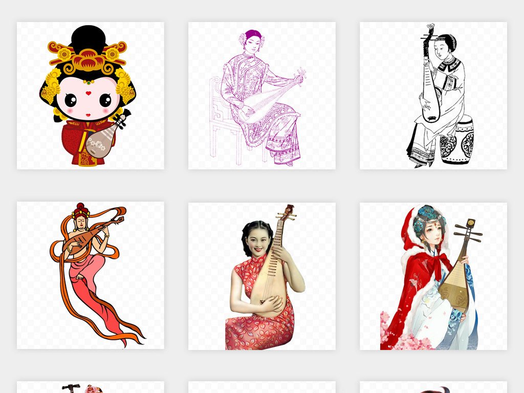 手绘卡通中国风水墨琵琶美女弹琵琶png免扣素材