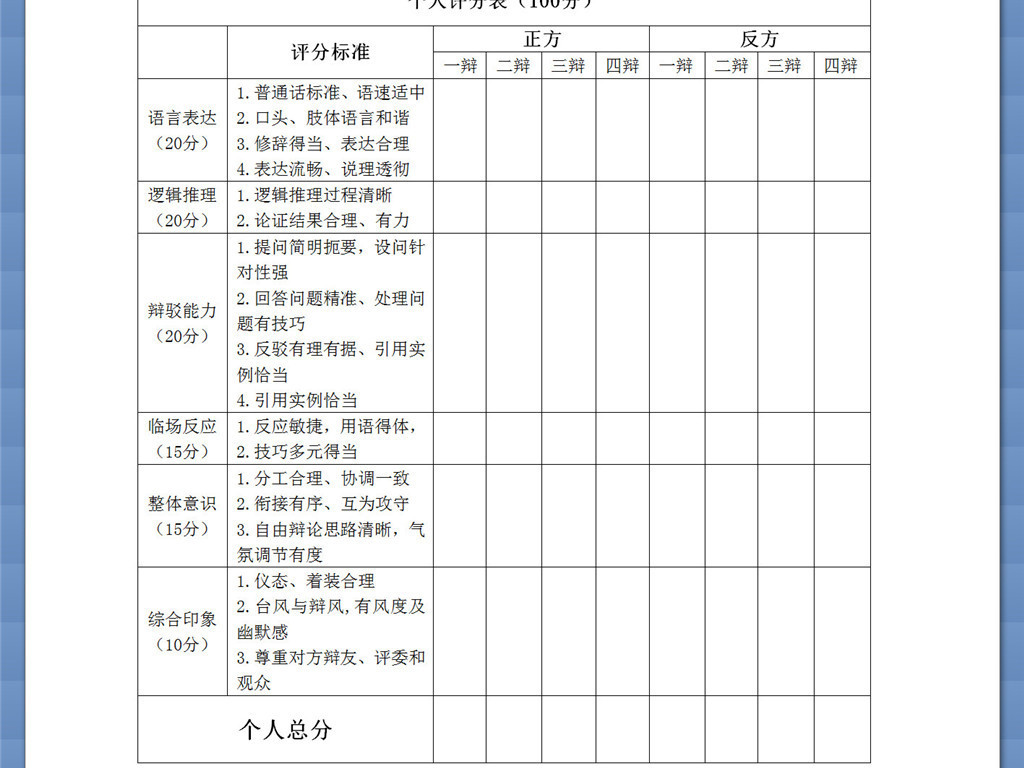 辩论赛评分表