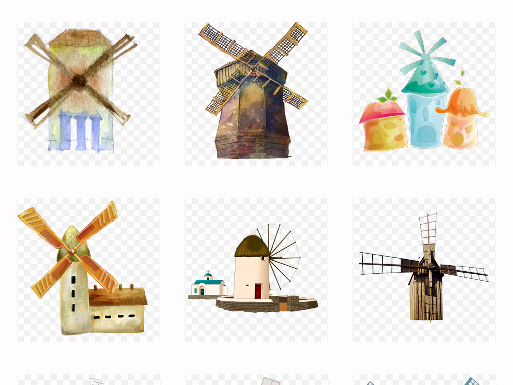 手绘可爱卡通风车水车装饰设计png免扣素材