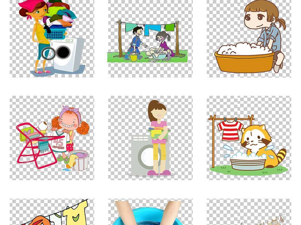 手洗衣服晾衣服的人卡通免扣PNG素材