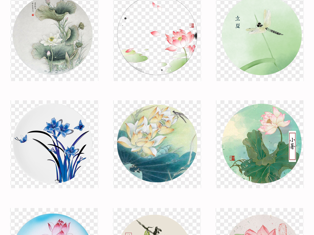 中国风圆形水墨古典荷花手绘水彩花卉边框PN