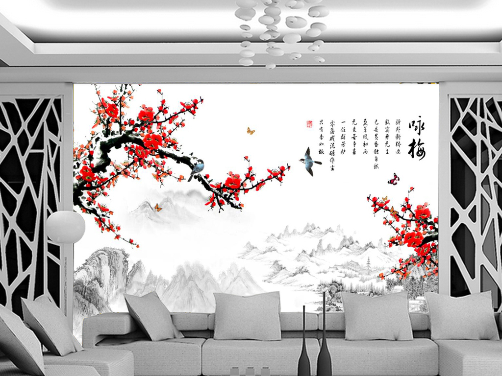 国画梅花图电视背景墙