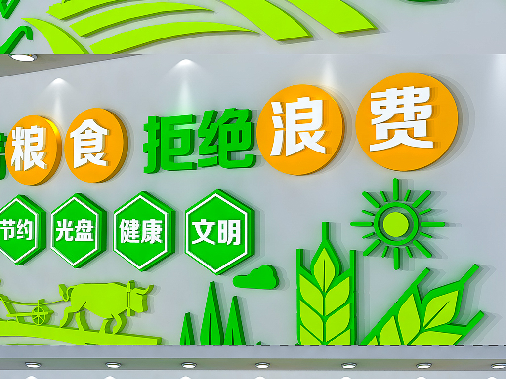3D绿色企业食堂文化墙节能粮食拒绝浪费