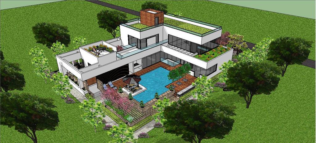 精品现代风格独栋别墅建筑(带屋顶花园和游泳池)景观庭院SU模型