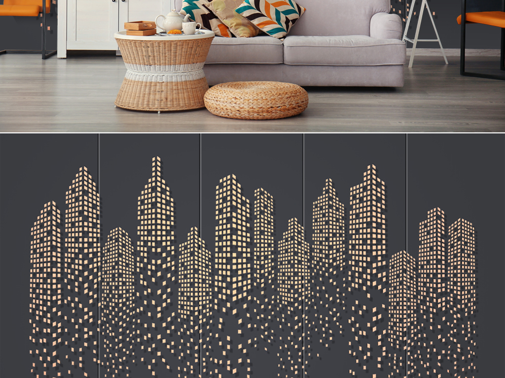 北欧3D立体城市建筑高楼方块壁画背景墙