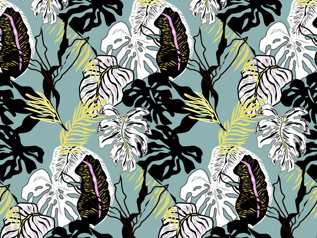 热带植物叶子无缝面料印花